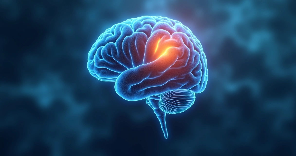Imagem de um cérebro humano visto de cima, destacando áreas iluminadas de cor azul e laranja. 