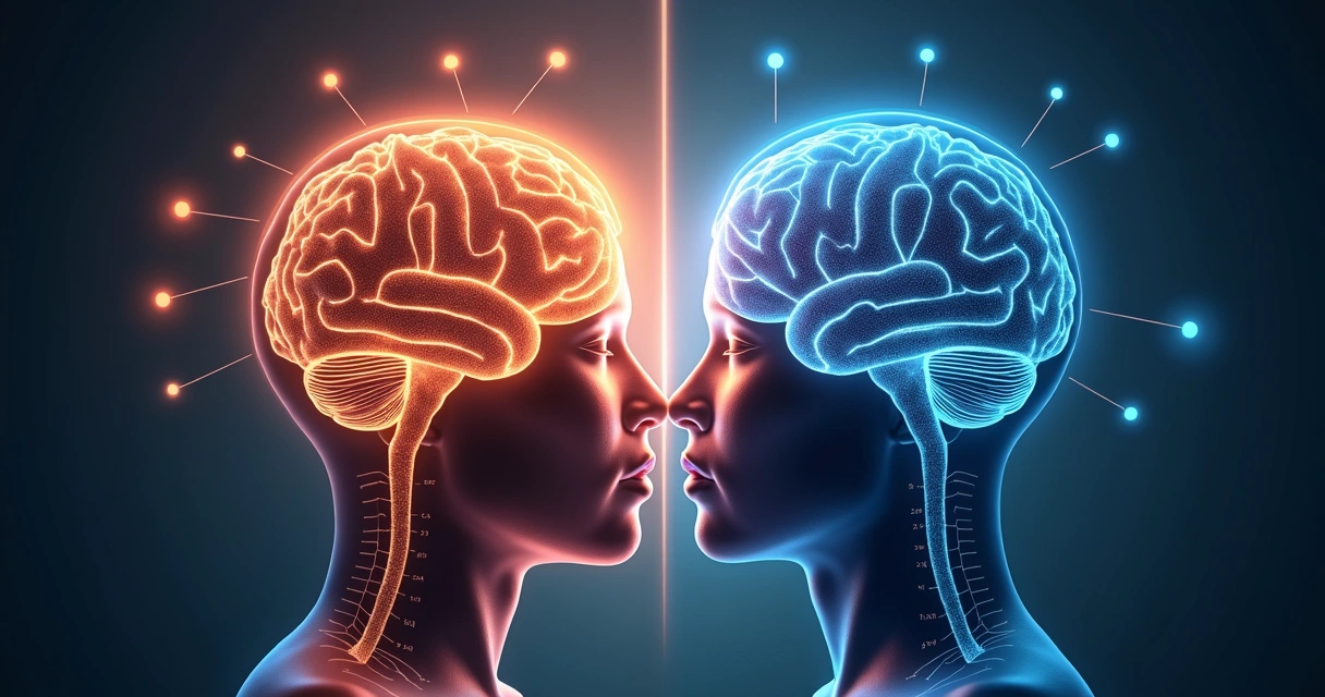Ilustração comparando cérebro emotivo e cérebro racional com destaque para áreas cerebrais relacionadas a emoções e sentimentos. 