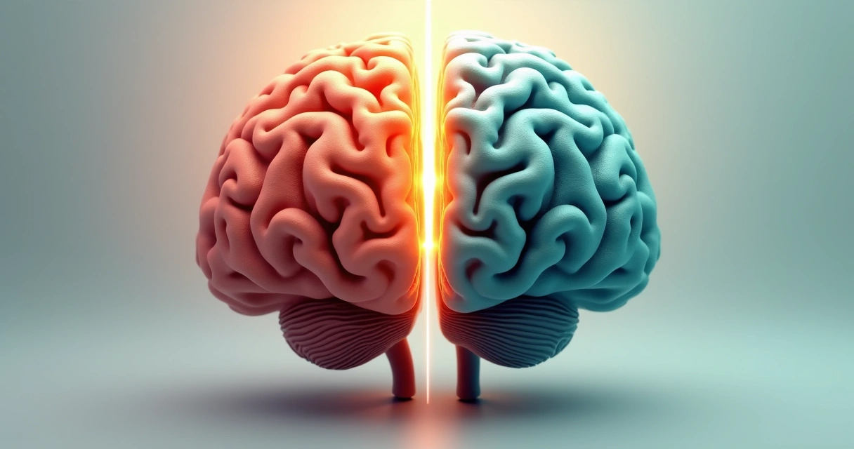 Ilustração de cérebro dividido entre tons quentes e frios, simbolizando conflito emocional e racional 