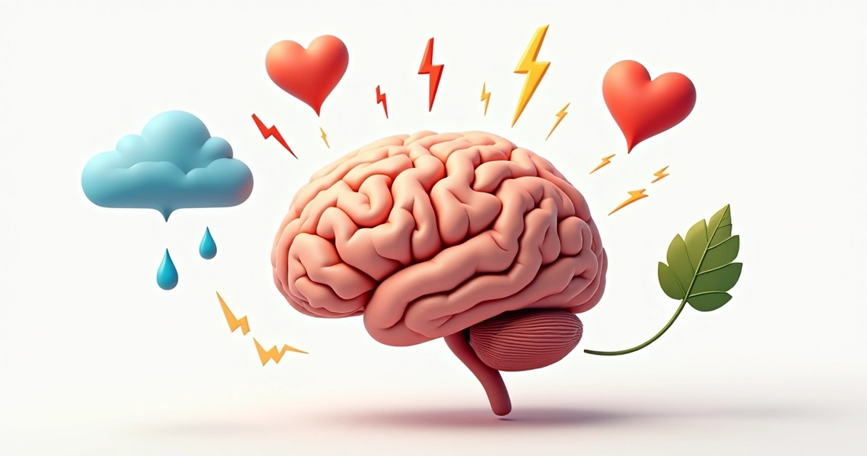 Ilustración de un cerebro con emociones destacadas alrededor