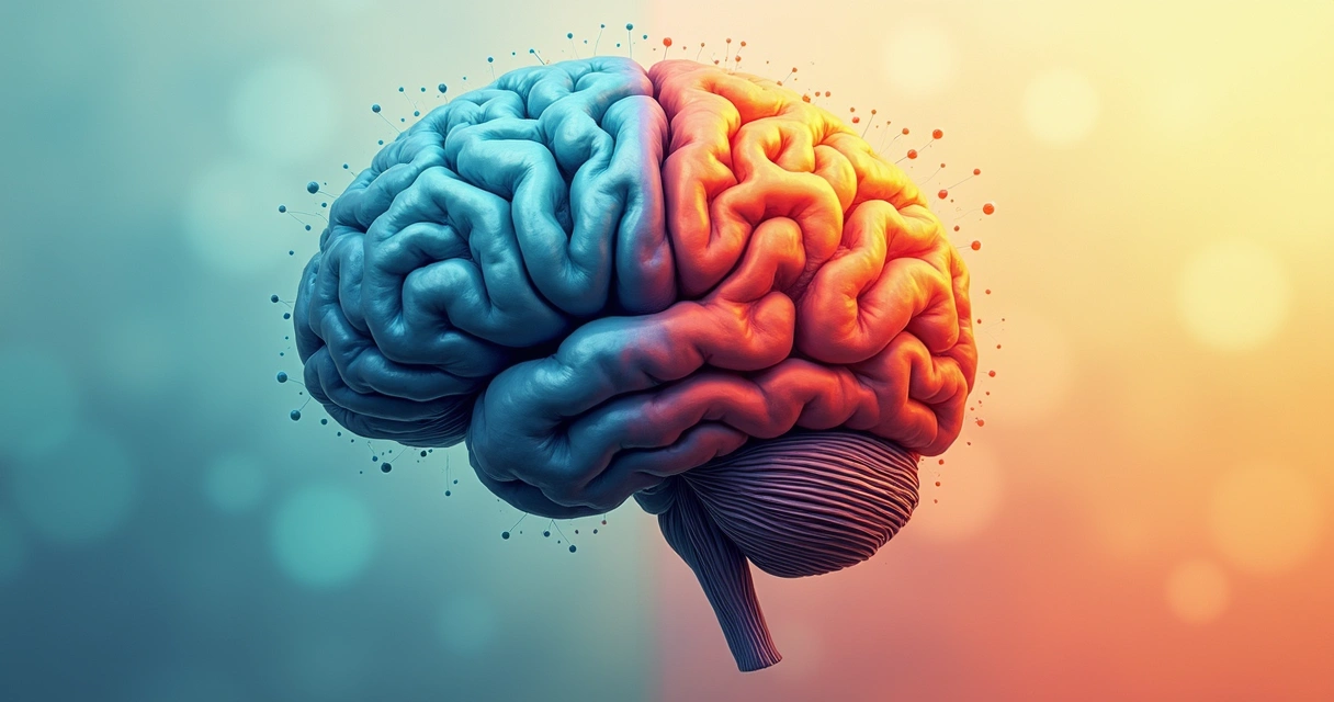 Ilustración colorida de un cerebro con flujos de colores, representando emociones y pensamientos. 