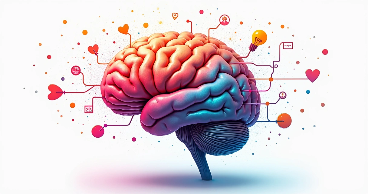 Ilustración de un cerebro con colores y caminos entre emociones y decisiones