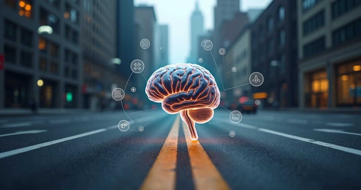 Cérebro humano no centro de uma encruzilhada com escolhas éticas em contraste de luz e sombra 