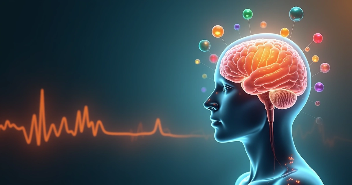 Cerebro humano sosteniendo esferas de colores en equilibrio emocional 