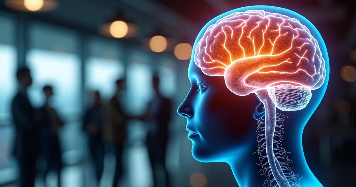 Ilustración de cerebro con señales de estrés y grupo de personas al fondo