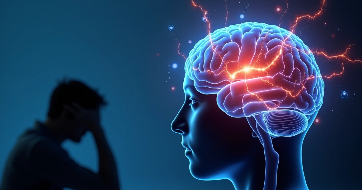 Cérebro humano em destaque reagindo ao estresse com elementos visuais de tensão 