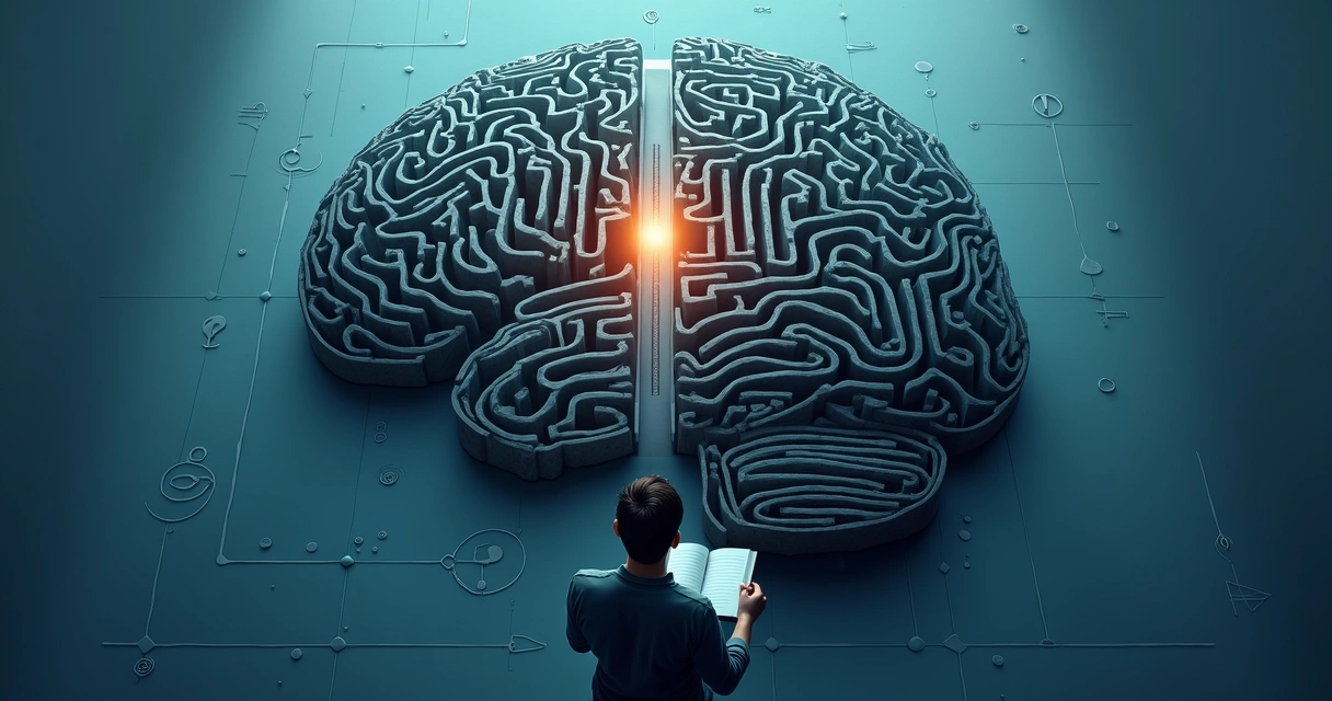 Pessoa observando labirinto em formato de cérebro com setas indicando caminho mais claro 