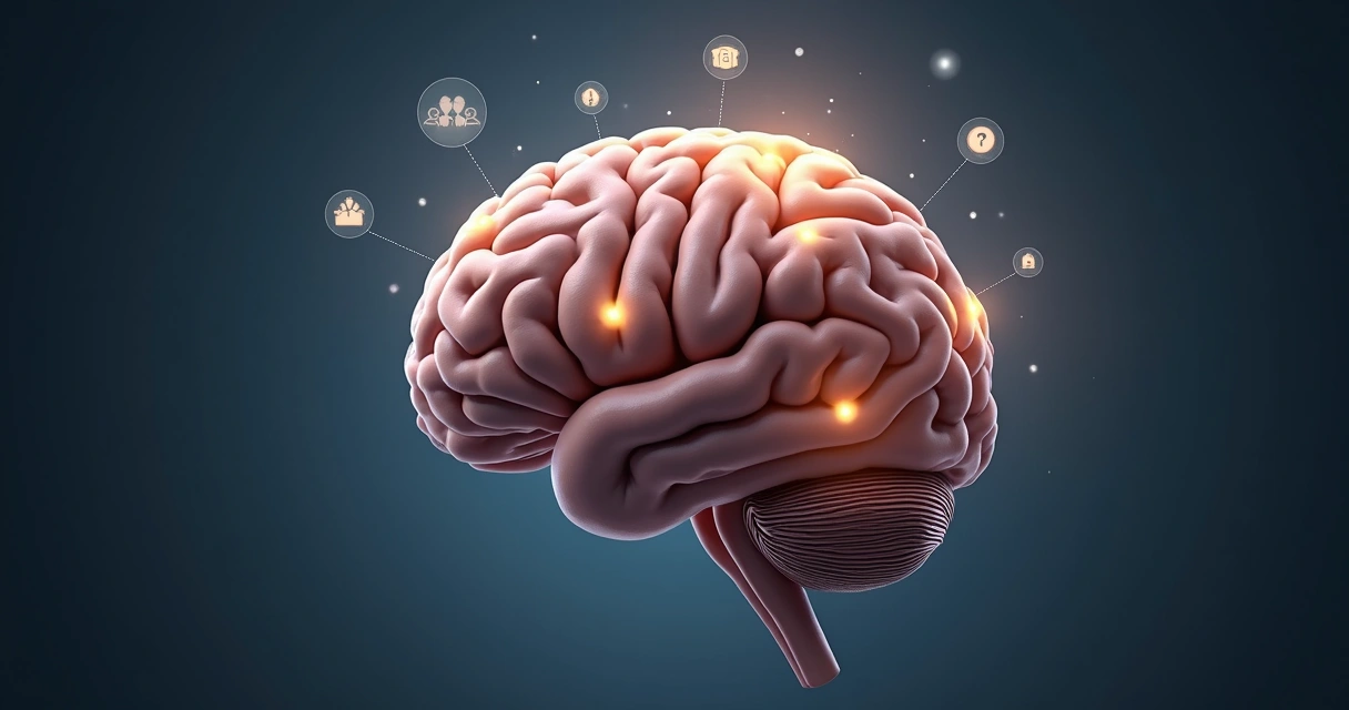 Representação visual do cérebro com seções iluminadas, demonstrando áreas ativadas por gatilhos mentais 