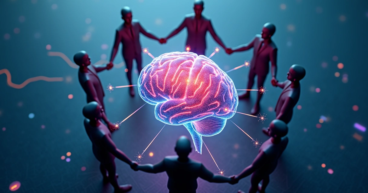 Ilustración de cerebro conectado con personas y gráficos abstractos