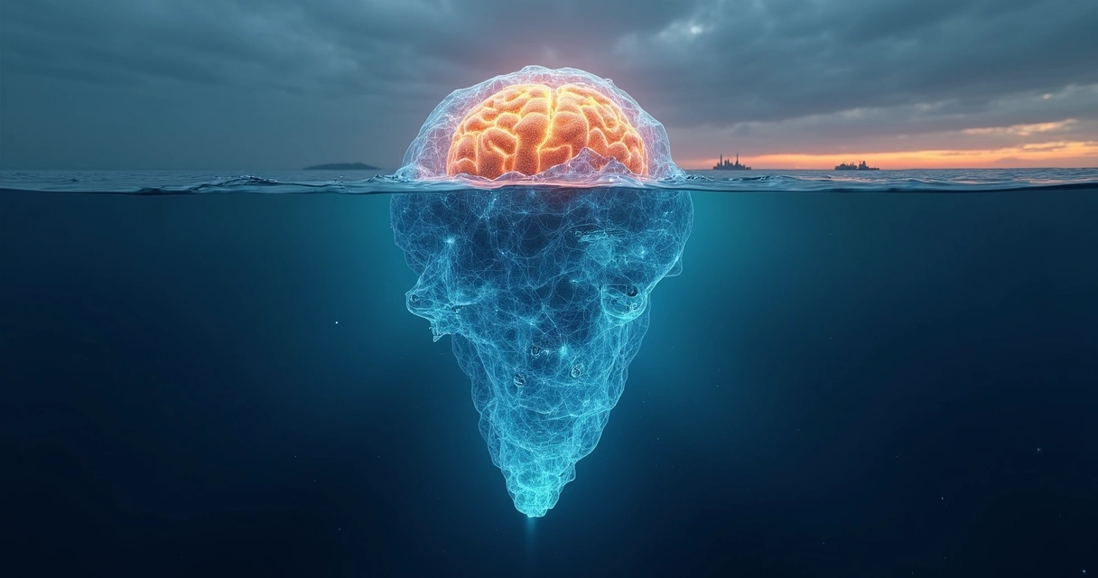 Cérebro iluminado acima e abaixo da água como iceberg de emoções 