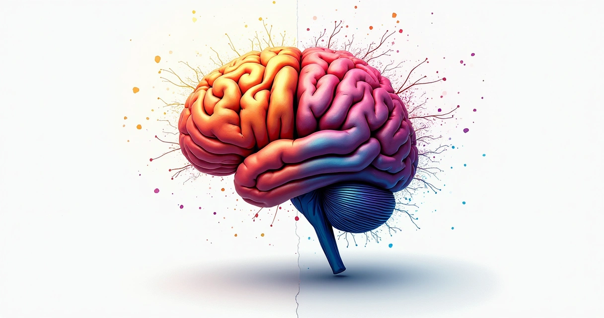 Ilustração conceitual mostrando um cérebro dividido ao meio, de um lado traços coloridos e fluidos, do outro traços retos e linhas claras 