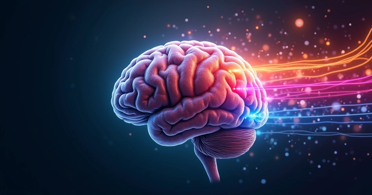 Cérebro humano com feixes de luz coloridos simbolizando ideias e criatividade
