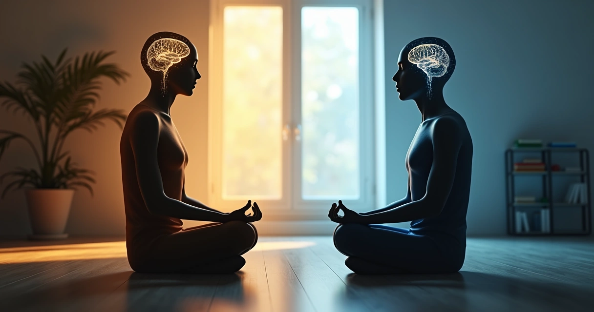 Silhueta humana com cérebro iluminado em ambiente de meditação 