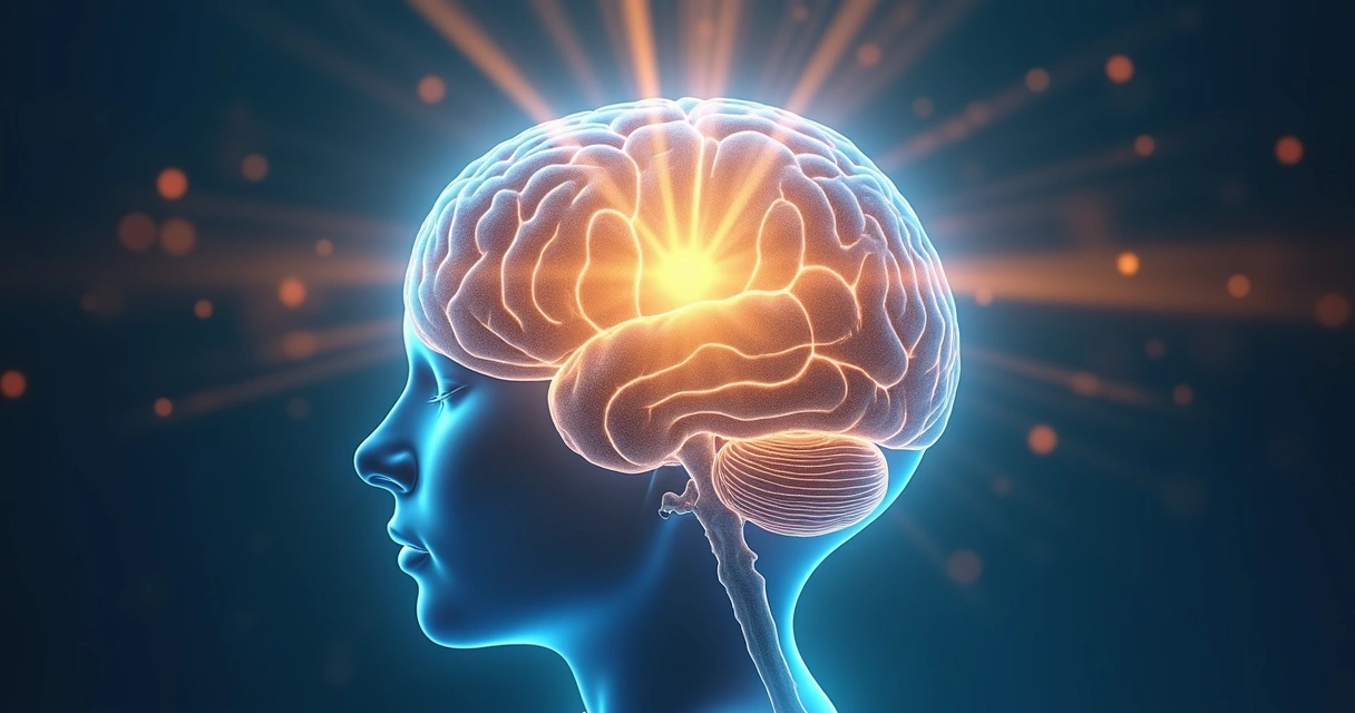 Cérebro humano com feixes de luz brilhantes ao redor, simbolizando clareza mental durante a meditação 