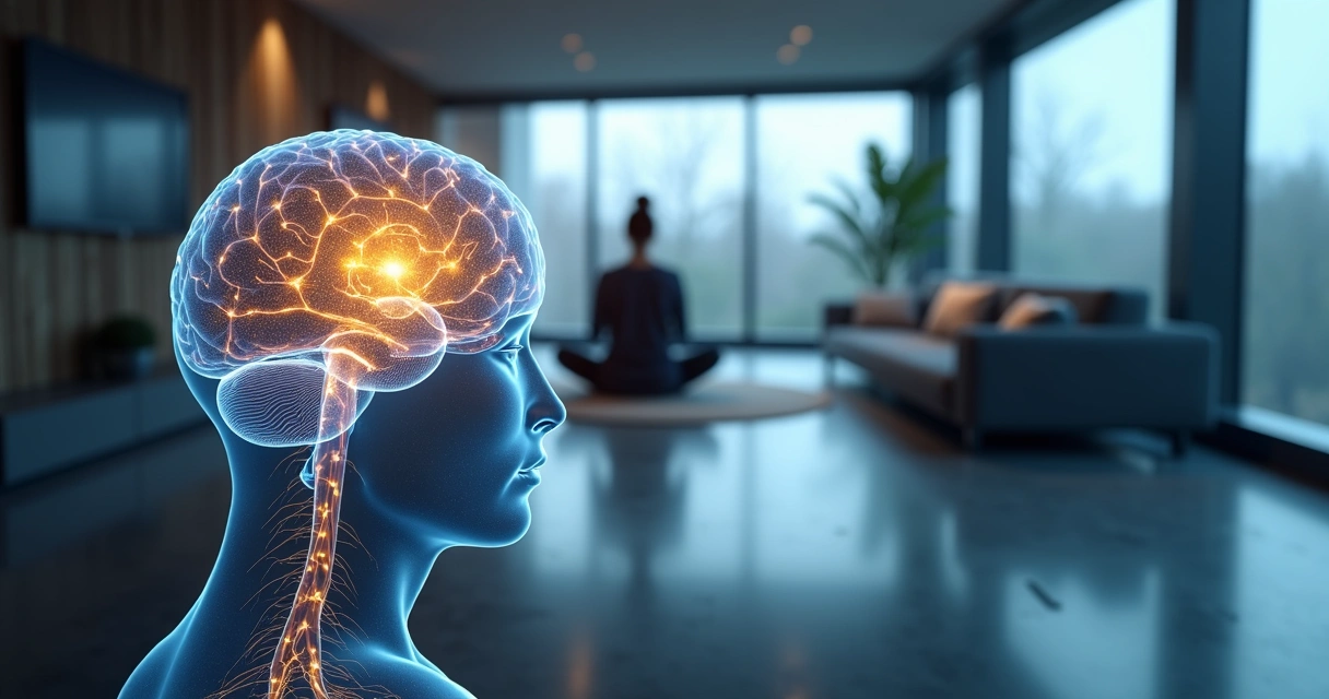 Ilustração realista de cérebro com conexões luminosas e pessoa em meditação ao fundo 