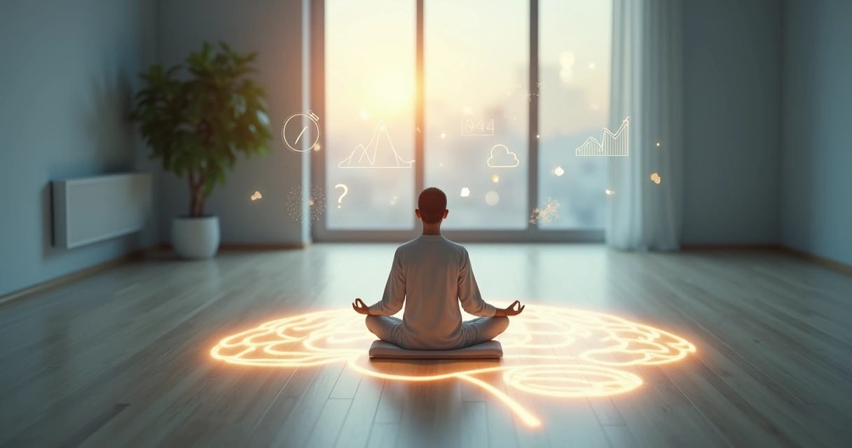 Cérebro visto de cima com pessoa meditando no centro em ambiente sereno 