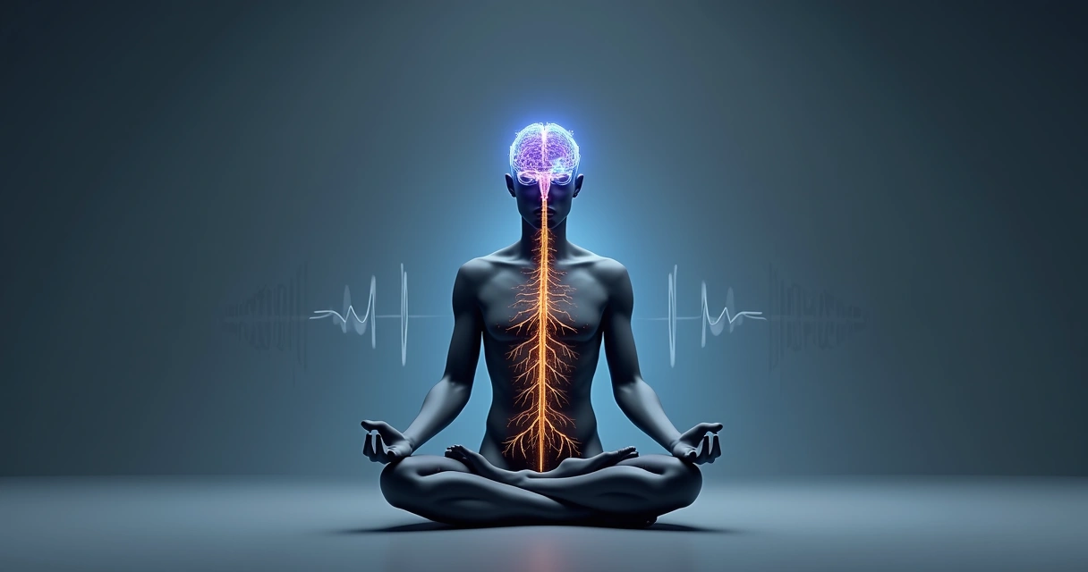 Silueta en meditación con cerebro iluminado y tonos azules