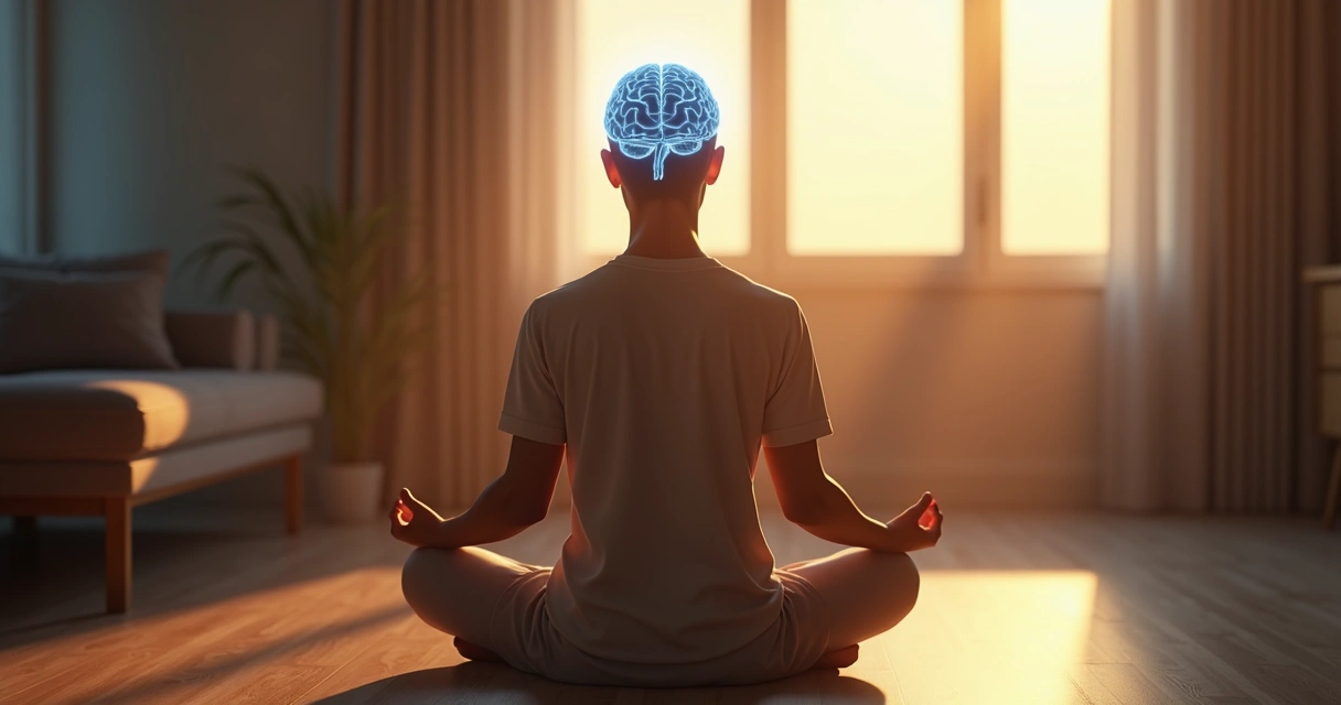 Persona meditando con iluminación suave y enfoque en el cerebro 