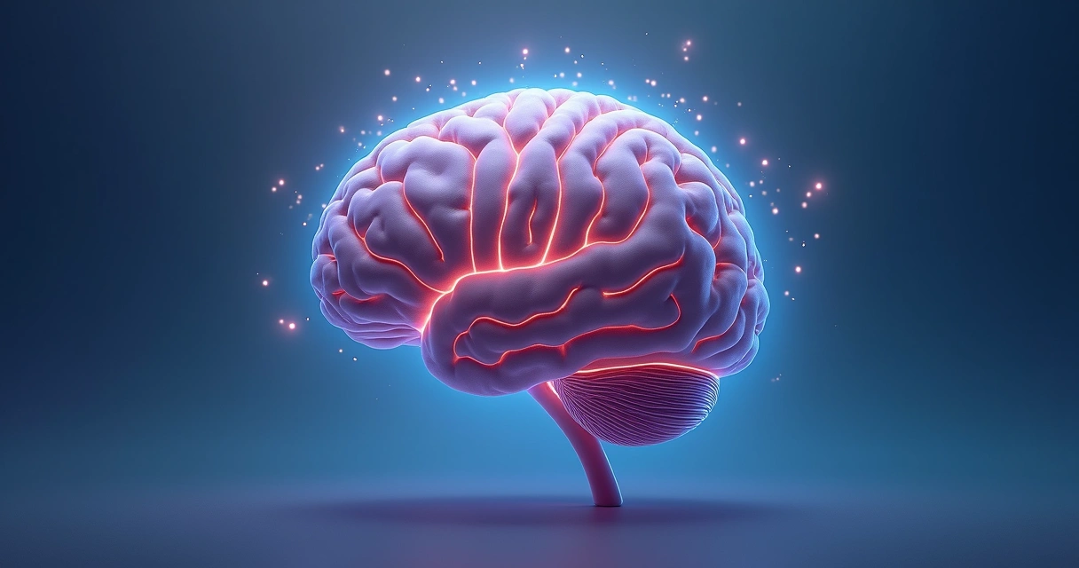 Ilustração de um cérebro humano em estado meditativo com cores suaves brilhando ao redor 