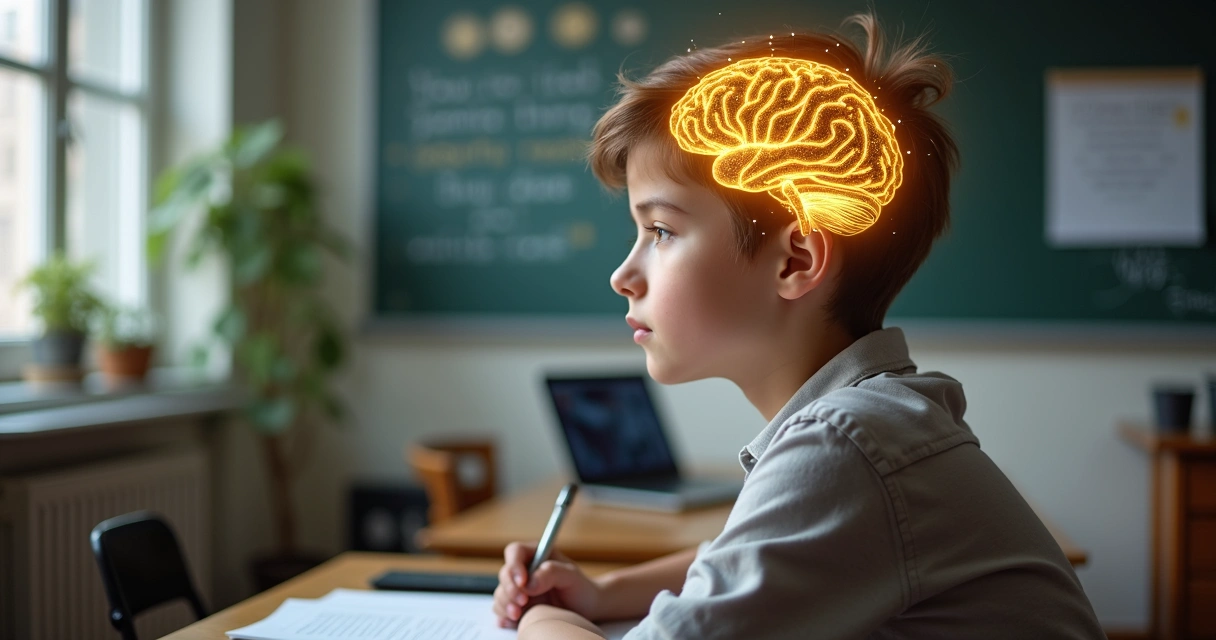 Rosto jovem pensativo com cérebro desenhado em luz dourada 