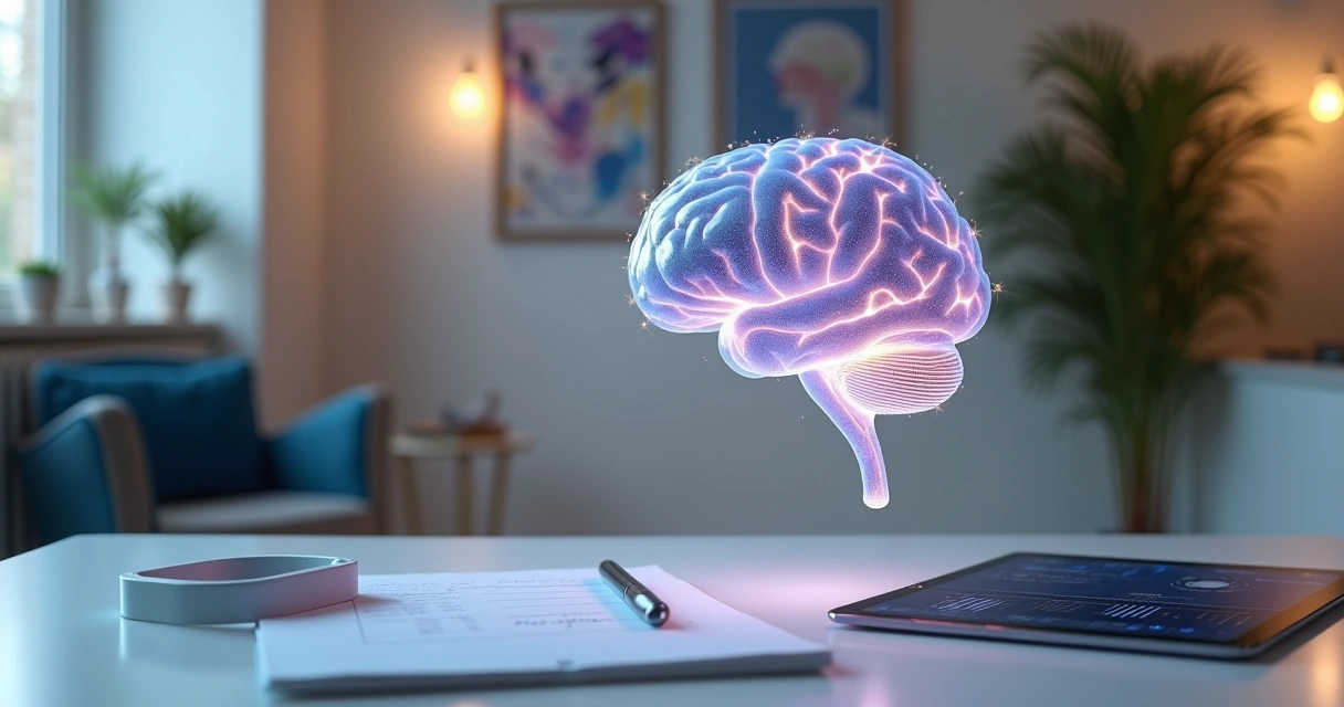 Cérebro luminoso em ambiente clínico com interface tecnológica 