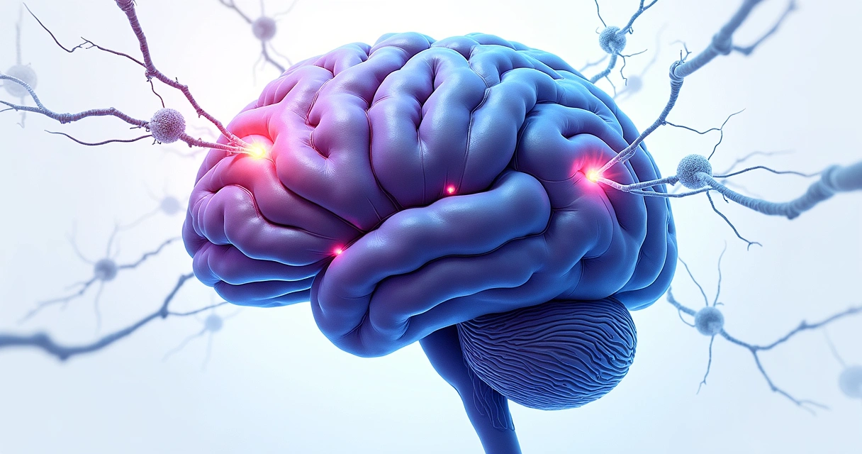 Ilustración de conexiones neuronales con cerebro de fondo y líneas entrelazadas 