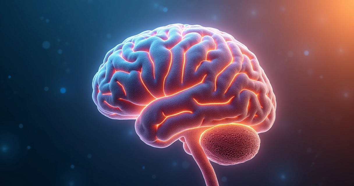 Cerebro humano con redes neuronales sobre un fondo azul y naranja cálido