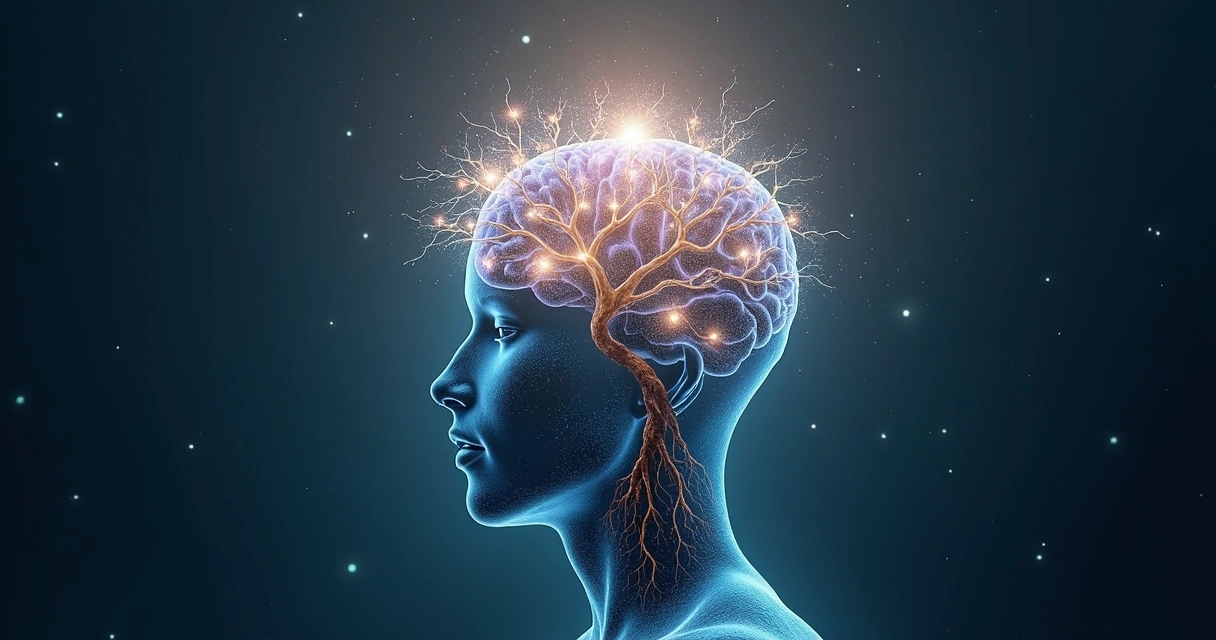 Cerebro humano visto desde arriba transformándose en un árbol luminoso 
