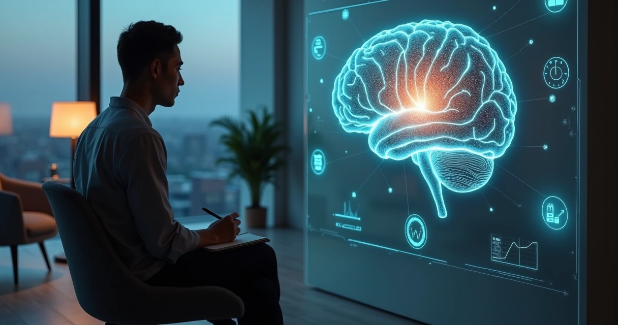 Terapeuta observa projeção de cérebro com conexões luminosas 