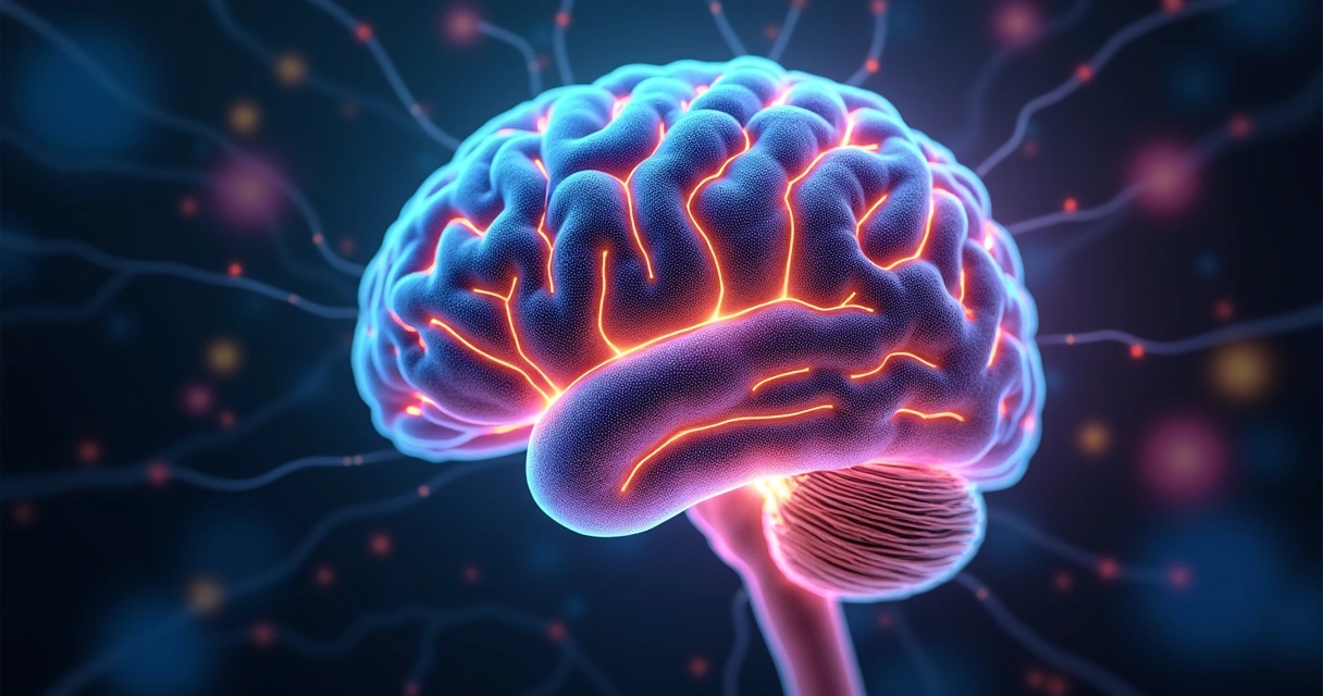 Ilustração detalhada de um cérebro humano com conexões químicas destacadas entre neurônios 