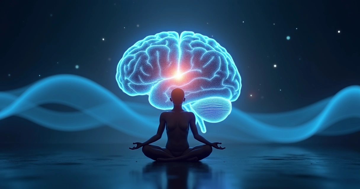Ilustração de cérebro com ondas e símbolo de meditação 