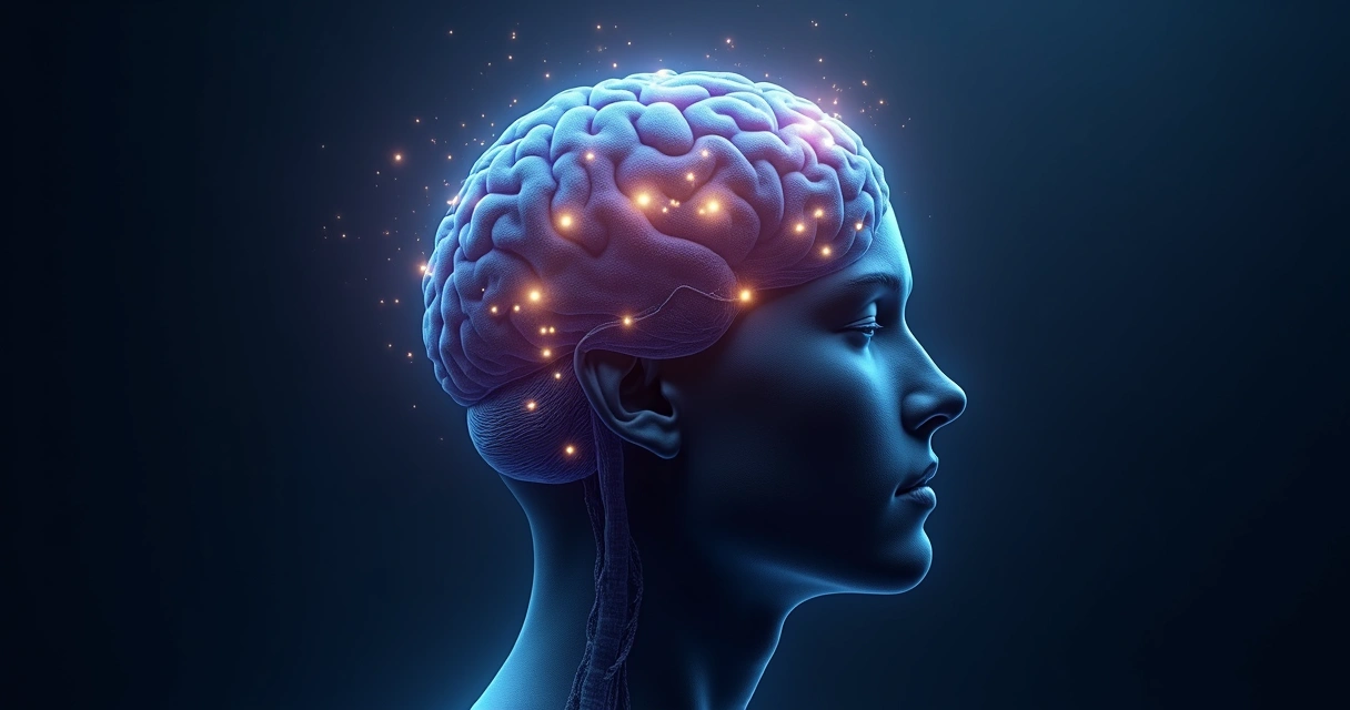 Ilustração de um cérebro humano pensativo com fundo escuro e pontos de luz 