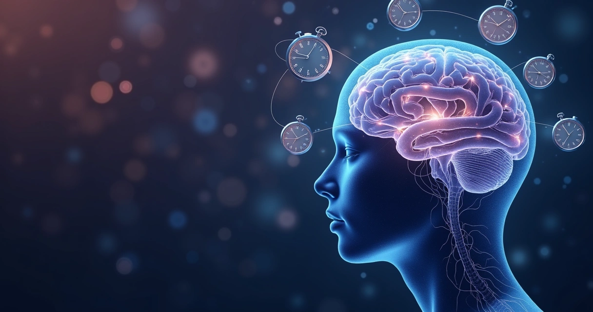 Cérebro humano com relógios ao redor representando a percepção do tempo 