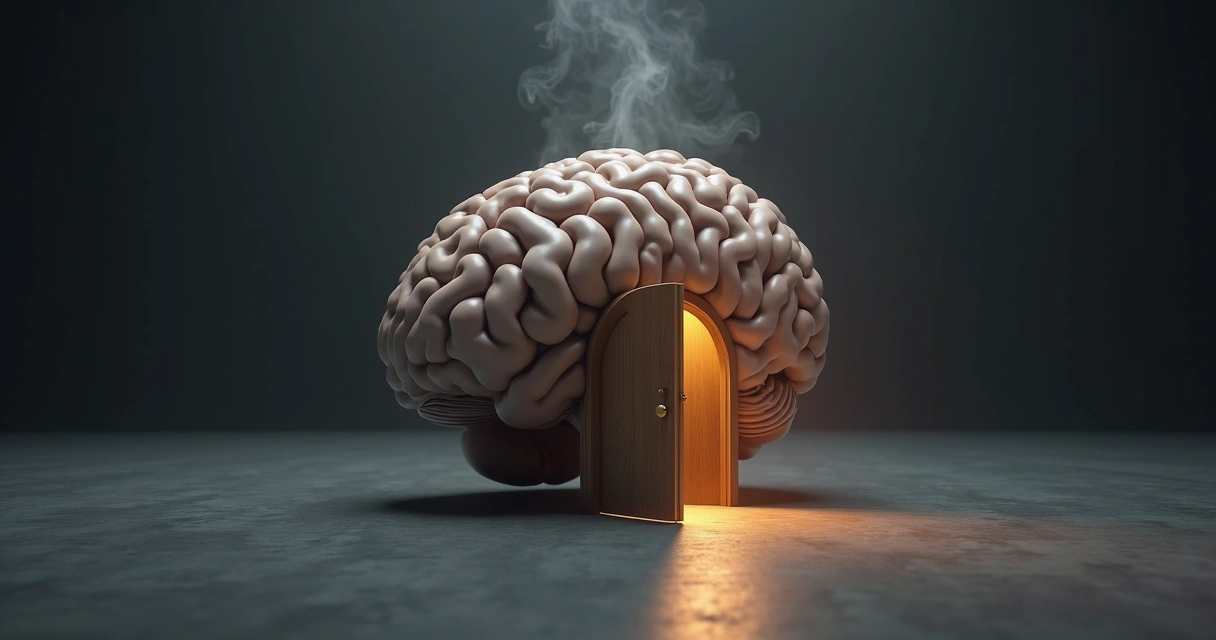 Cérebro humano com pequena porta iluminada projetando sombra em formato de pessoa 