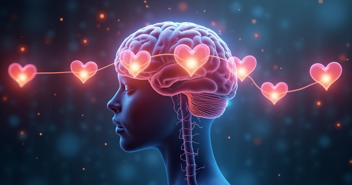 Ilustração de um cérebro com ondas gama e corações conectados nas laterais 