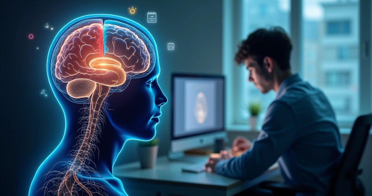 Cérebro humano com áreas ativadas enquanto pessoa olha para tela de computador