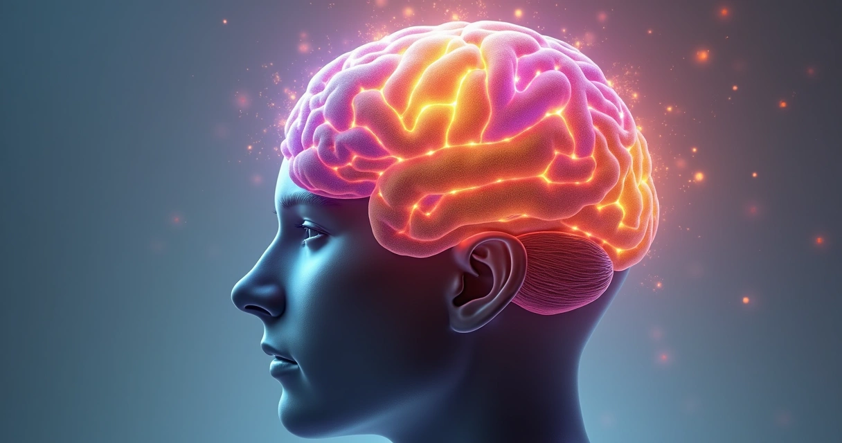 Cerebro iluminado en colores cálidos y fríos dividido en áreas emocionales