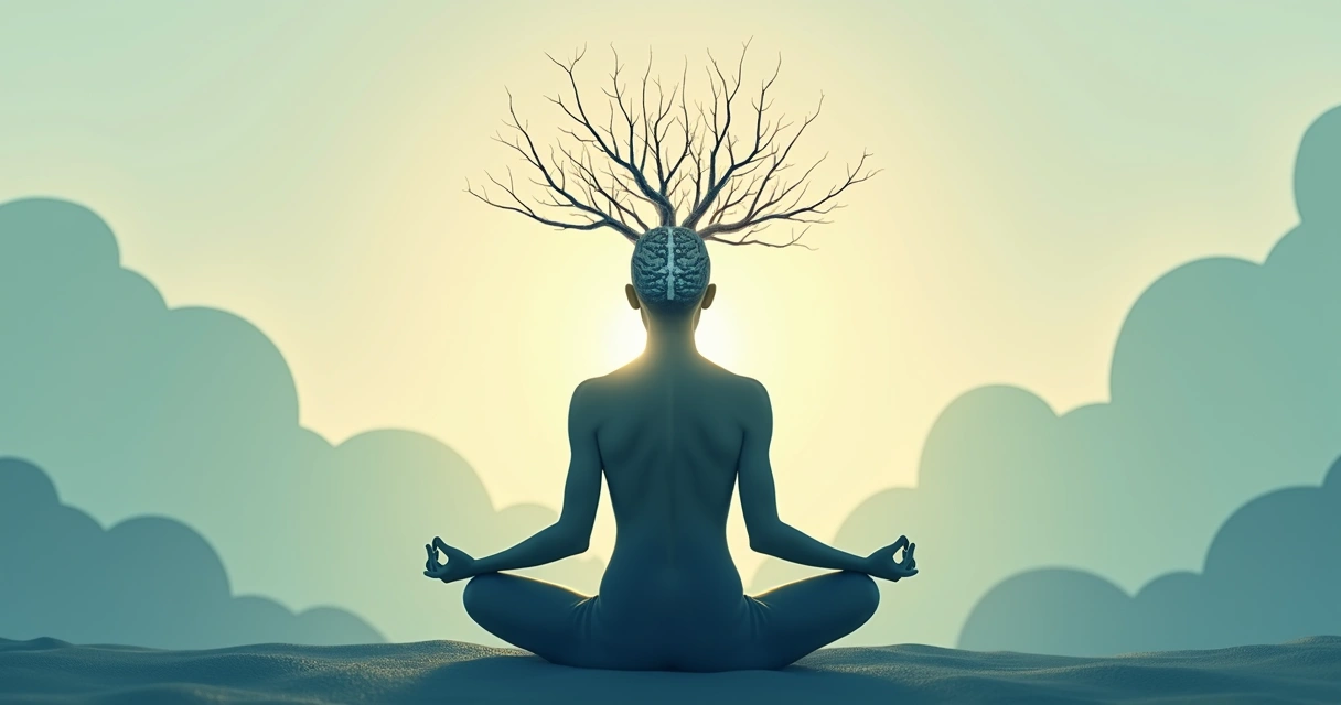 Ilustración de una persona meditando con su cerebro en señal de reflexión 