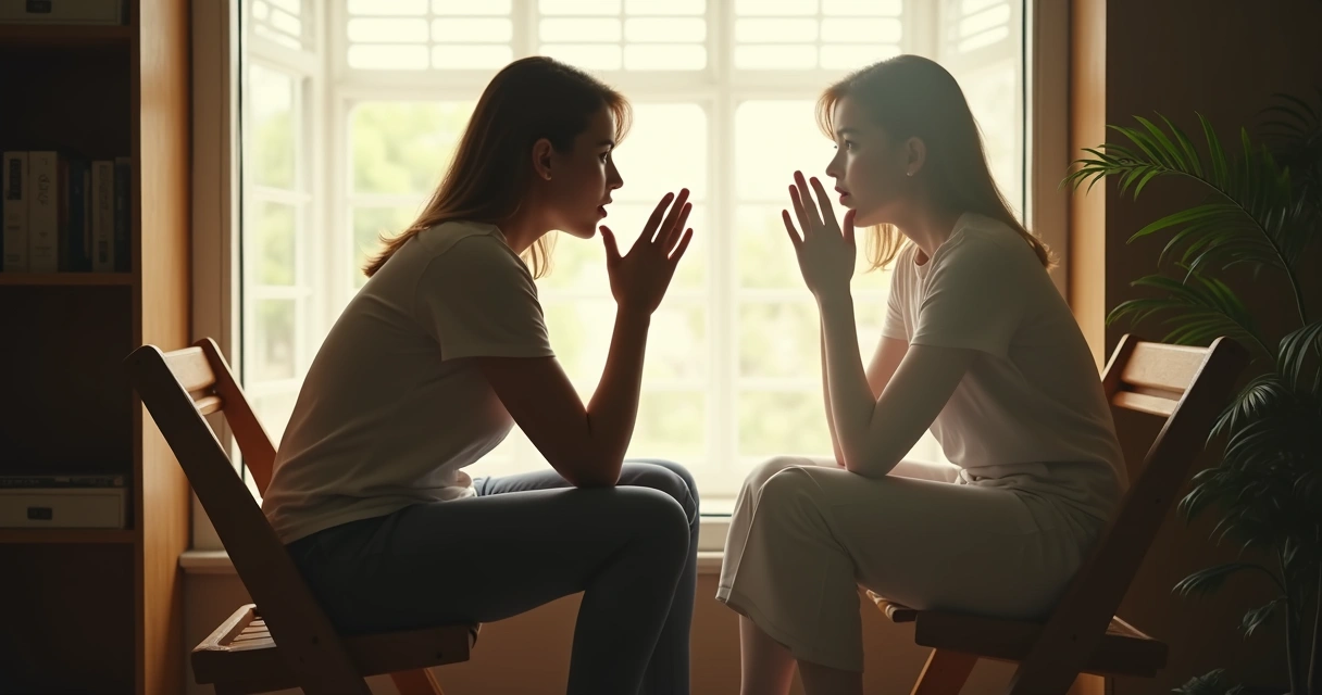 Persona contempla su reflejo y dialoga consigo mismo en una ventana de luz natural 