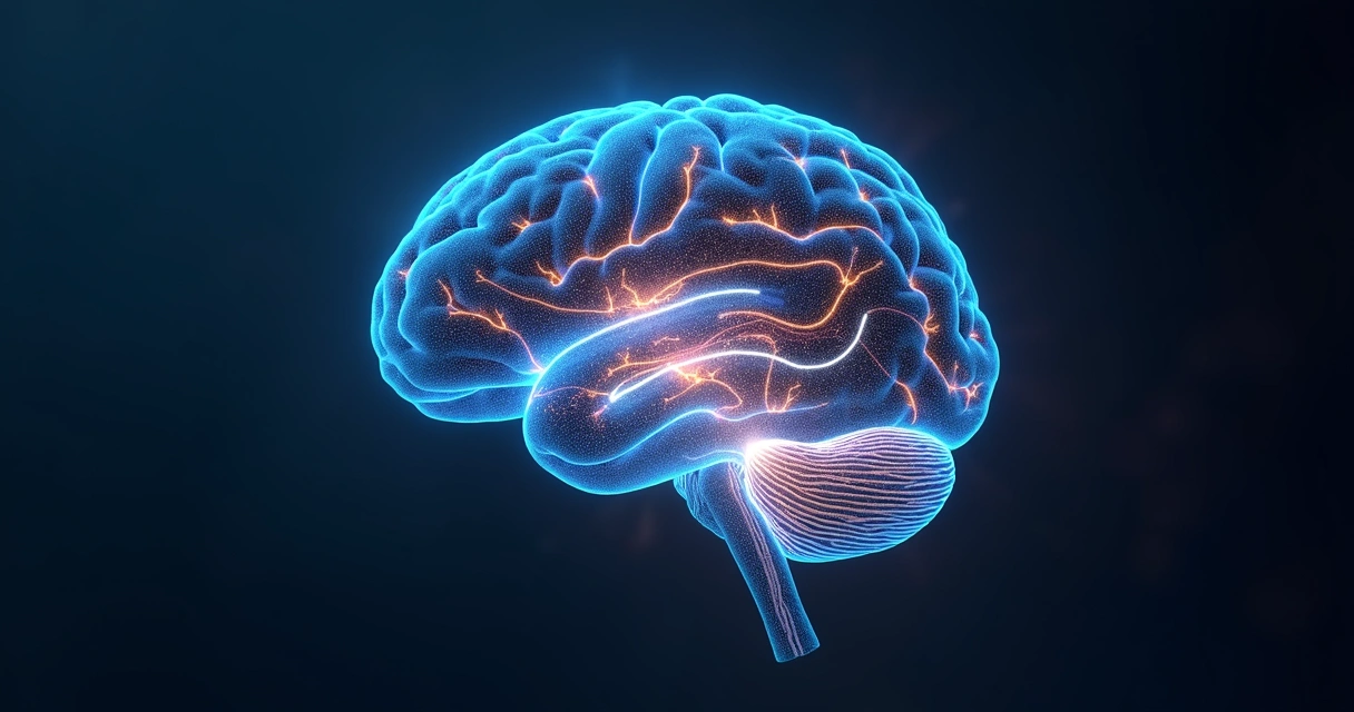 Ilustración realista de cerebro con rutas neuronales iluminadas