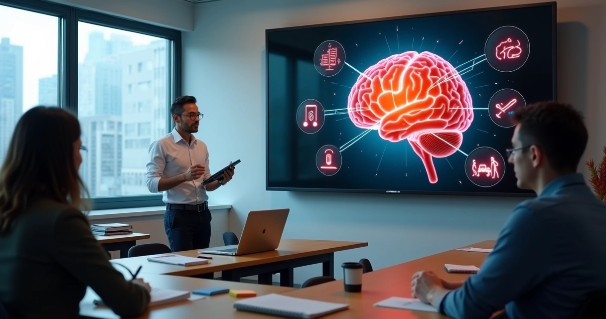 Professor em sala de aula com projeção de cérebro destacando estímulos emocionais 