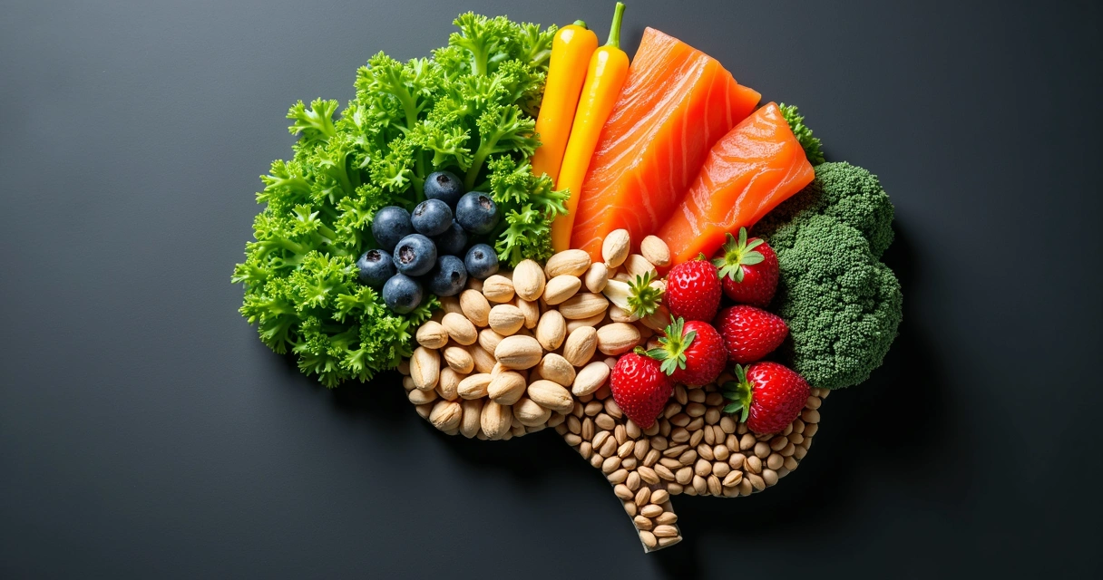 Cérebro desenhado com alimentos saudáveis 