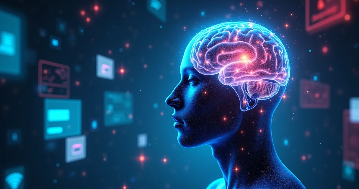 Cérebro humano exposto cercado por múltiplas telas digitais brilhantes 