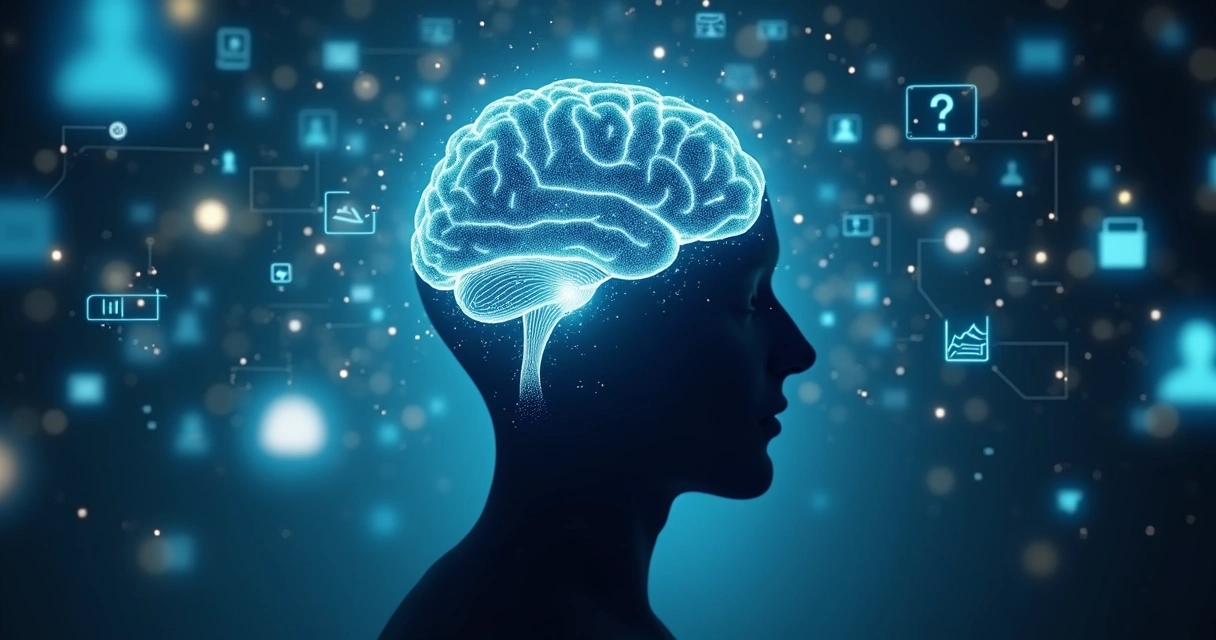 Cérebro humano com símbolos de informação ao redor 