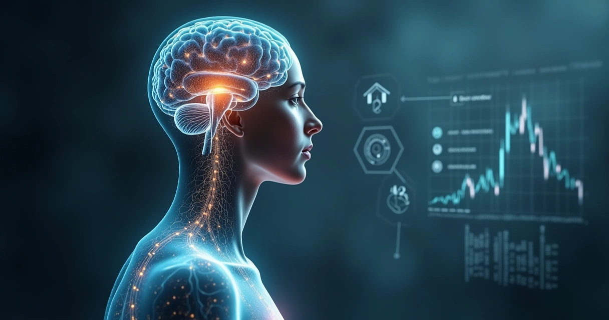 Persona de perfil con cerebro iluminado conectado al cuerpo mediante líneas de energía 