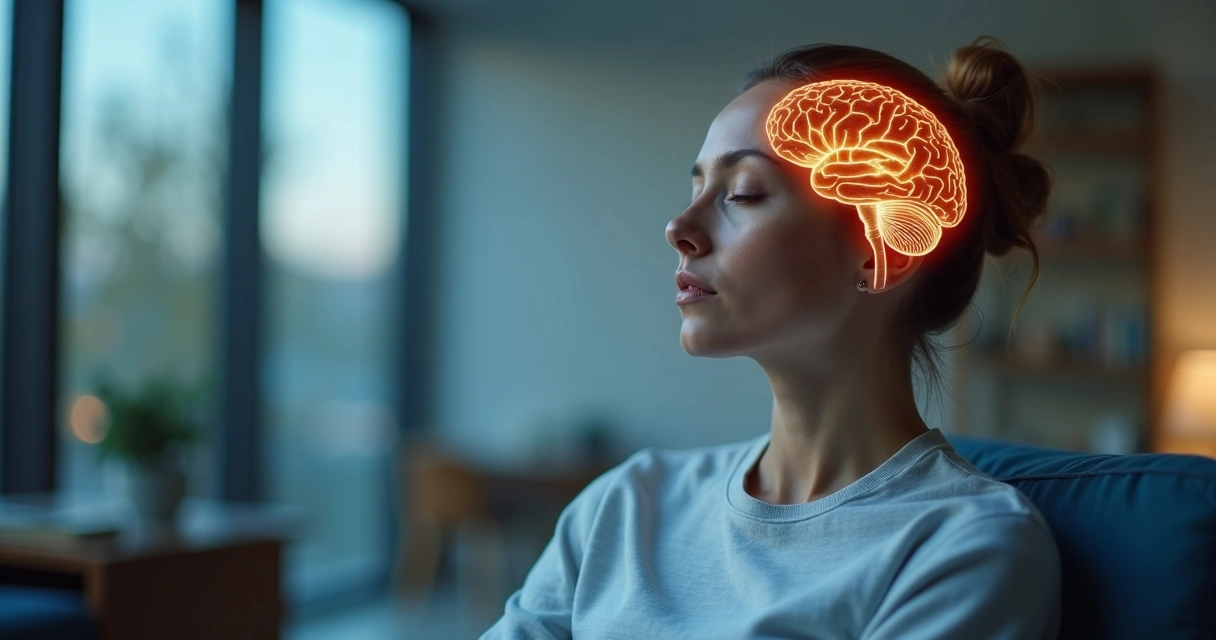 Perfil humano con cerebro iluminado y respiración consciente 