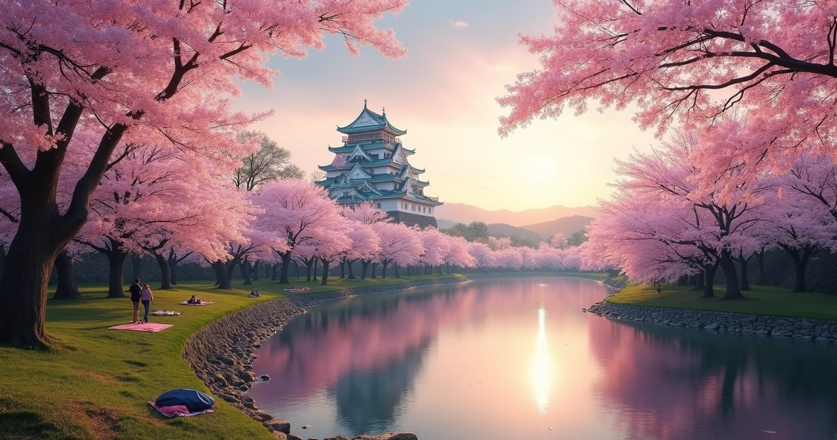 Cerejeiras em flor ao redor de castelo japonês durante o pôr do sol 