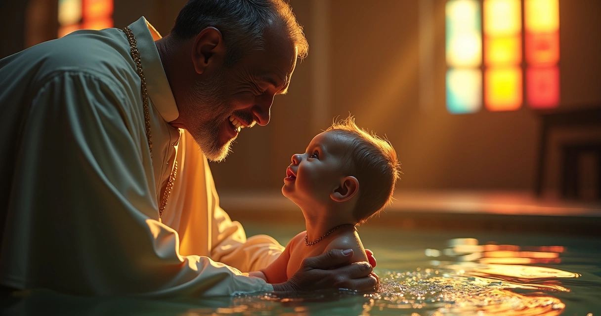 Padre batizando bebê com água abençoada na pia batismal 