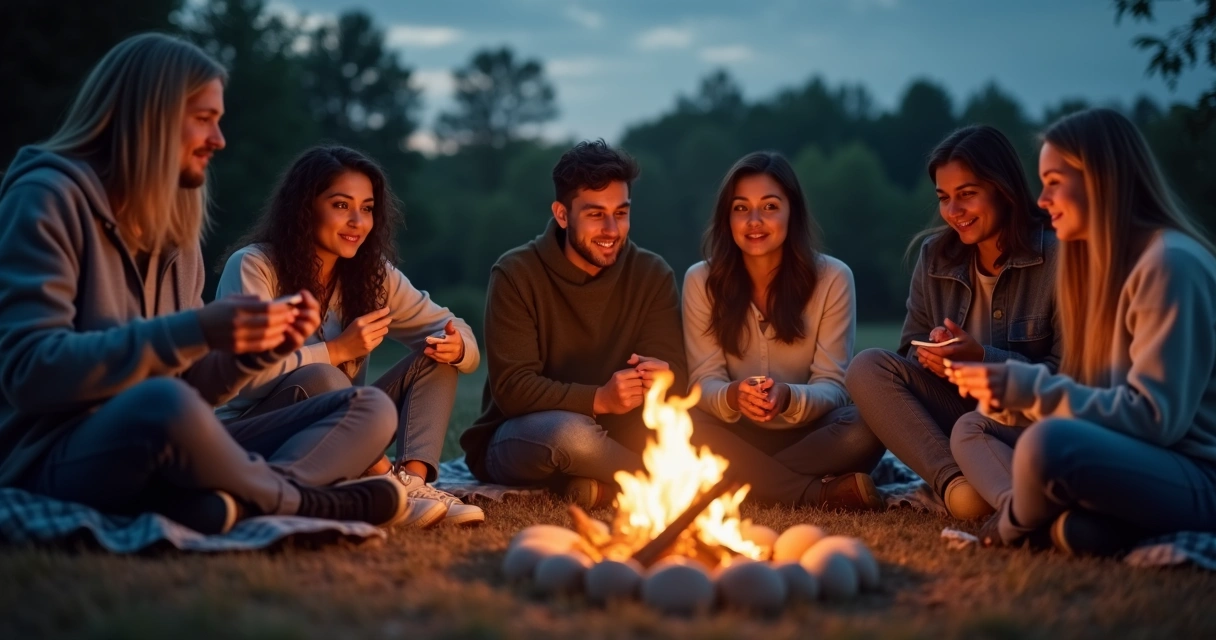 Grupo de amigos reunidos ao ar livre em volta de uma pequena fogueira, realizando um ritual de despedida com expressões serenas. 