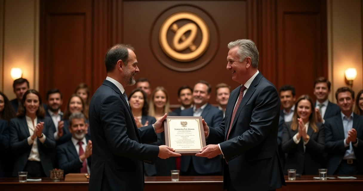 Entrega de placa de homenagem em evento empresarial 